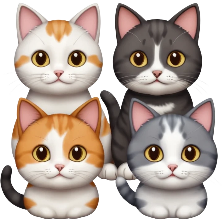 5 different coloured short haired cats including; a dark brown and white cat, and a dark grey and white, and a calico emoji