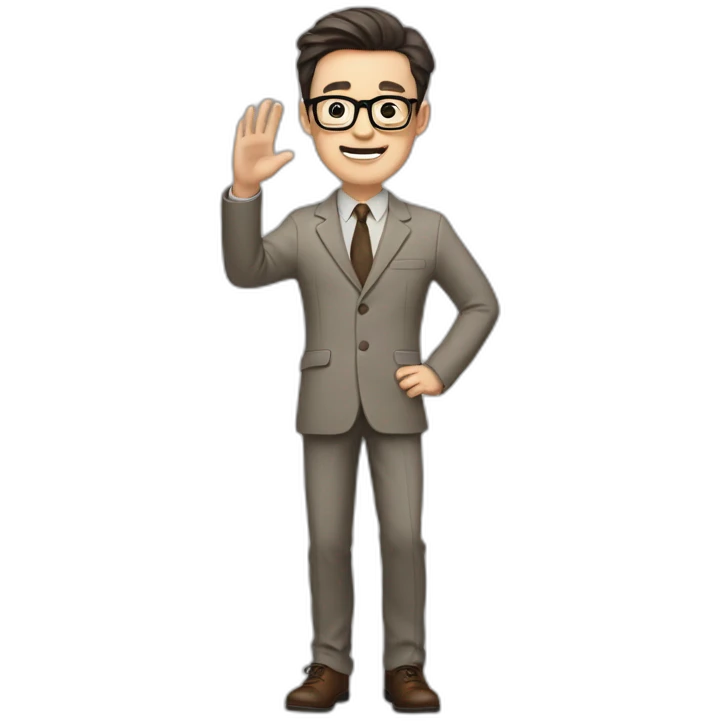 Full height Actively gesturing with hands Pale skinned fit man with dark brown hair in gray jacket, beige office shirt, brown tie, brown pants and vintage glasses. emoji