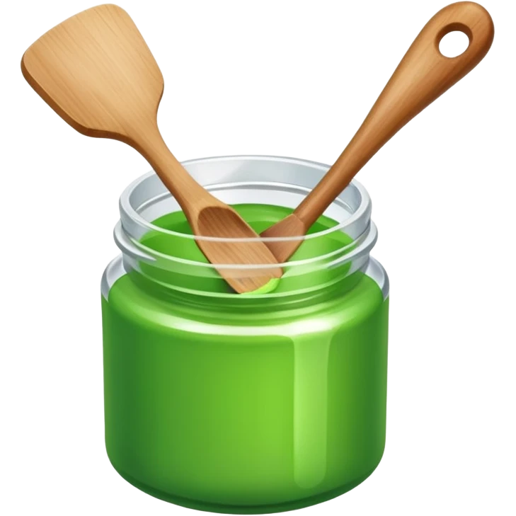 A small open plastic jar of vibrant green wax, wooden spatula inside emoji