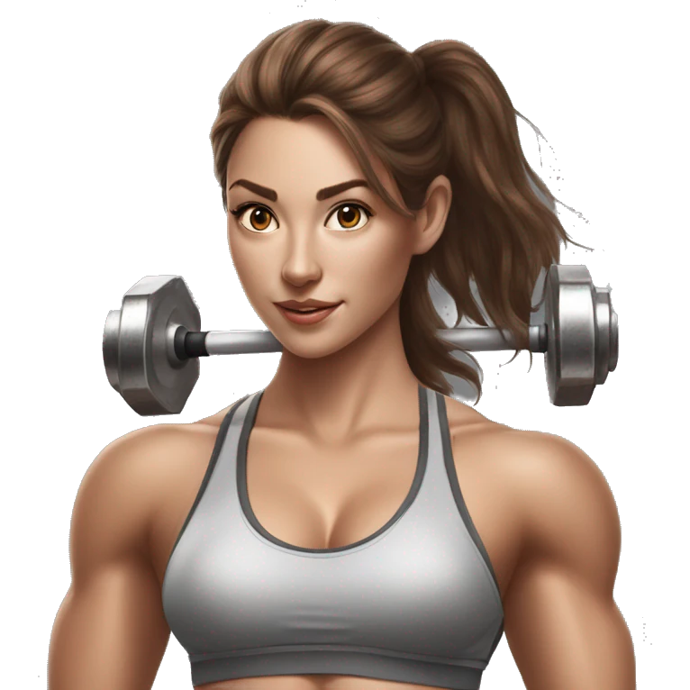 Hyperrealistic pencil drawing of athletic sexy girl with brown hair with barbell emoji