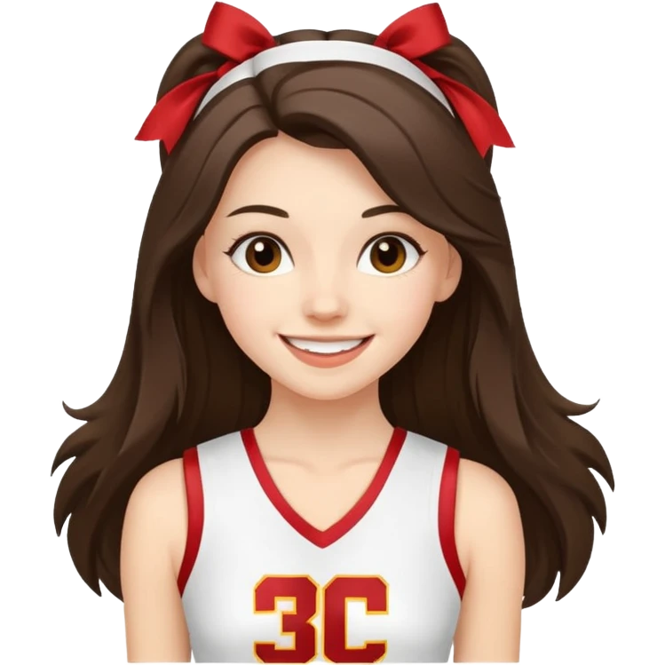 skinny white happy long haired brunette girl in a white USC cheerleader costume emoji