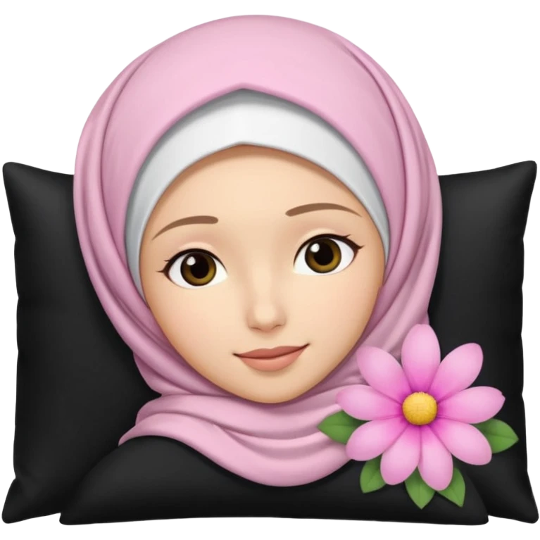 The image is a close-up selfie of a young woman wearing a white hijab. She is lying on her back with her head resting on a black pillow. She has a pink flower in her hair and is looking directly at the camera with a slight smile on her face emoji