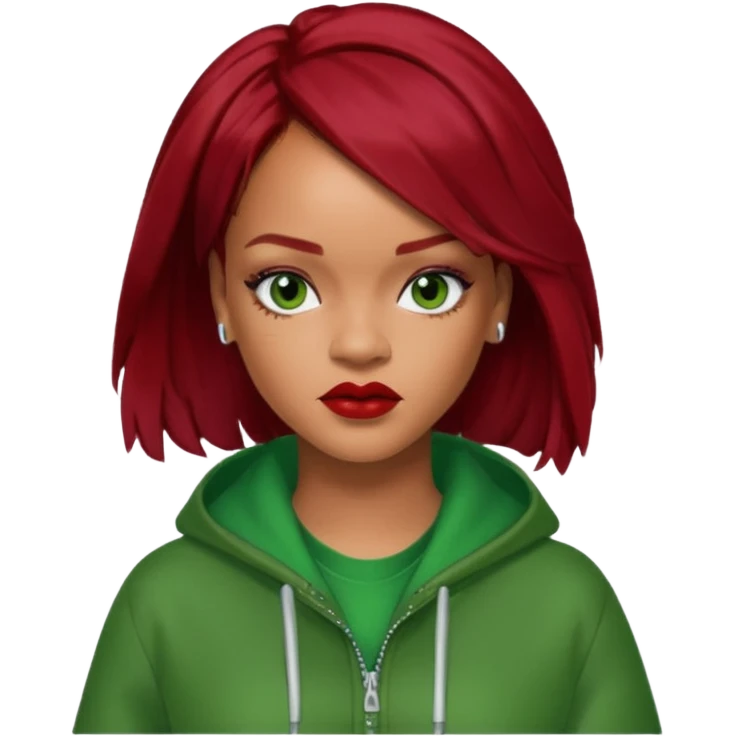 Rihanna dark red hair, green outfit emoji