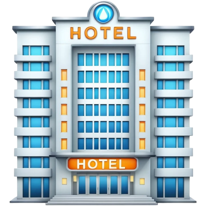 multi-story hotel building with many windows and glowing entrance sign emoji