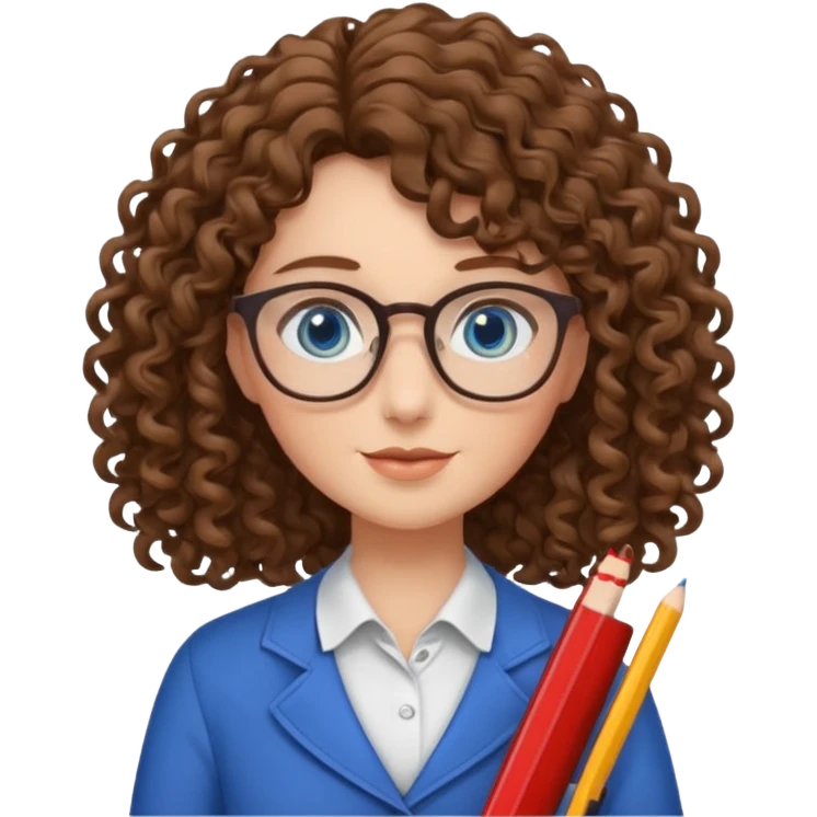 teacher blue eyes glasses curly brown hair long kind emoji