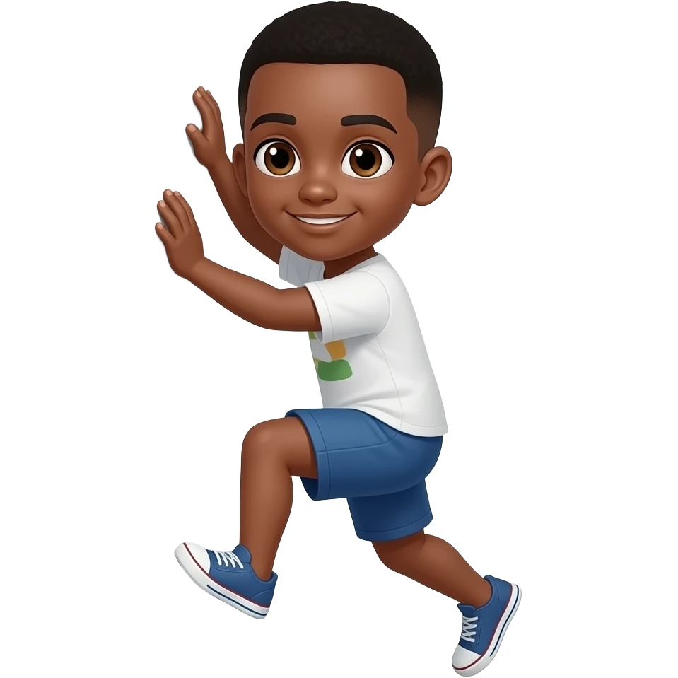 Hazme un chico con pelo rapado, en cresta y negro, ojos marrones. que este escalando de espaldas, pero solo se vea el chico emoji