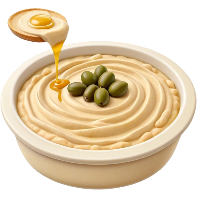 Cinematic Realistic Hummus Dish Emoji, depicted as a creamy chickpea dip drizzled with olive oil rendered with rich textures and warm, inviting lighting. emoji