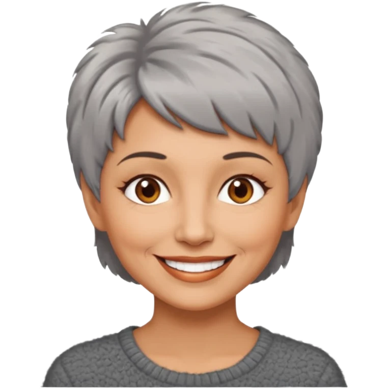 woman 50 years old, short grey fluffy cut hair, tannes skin and brown eyes emoji