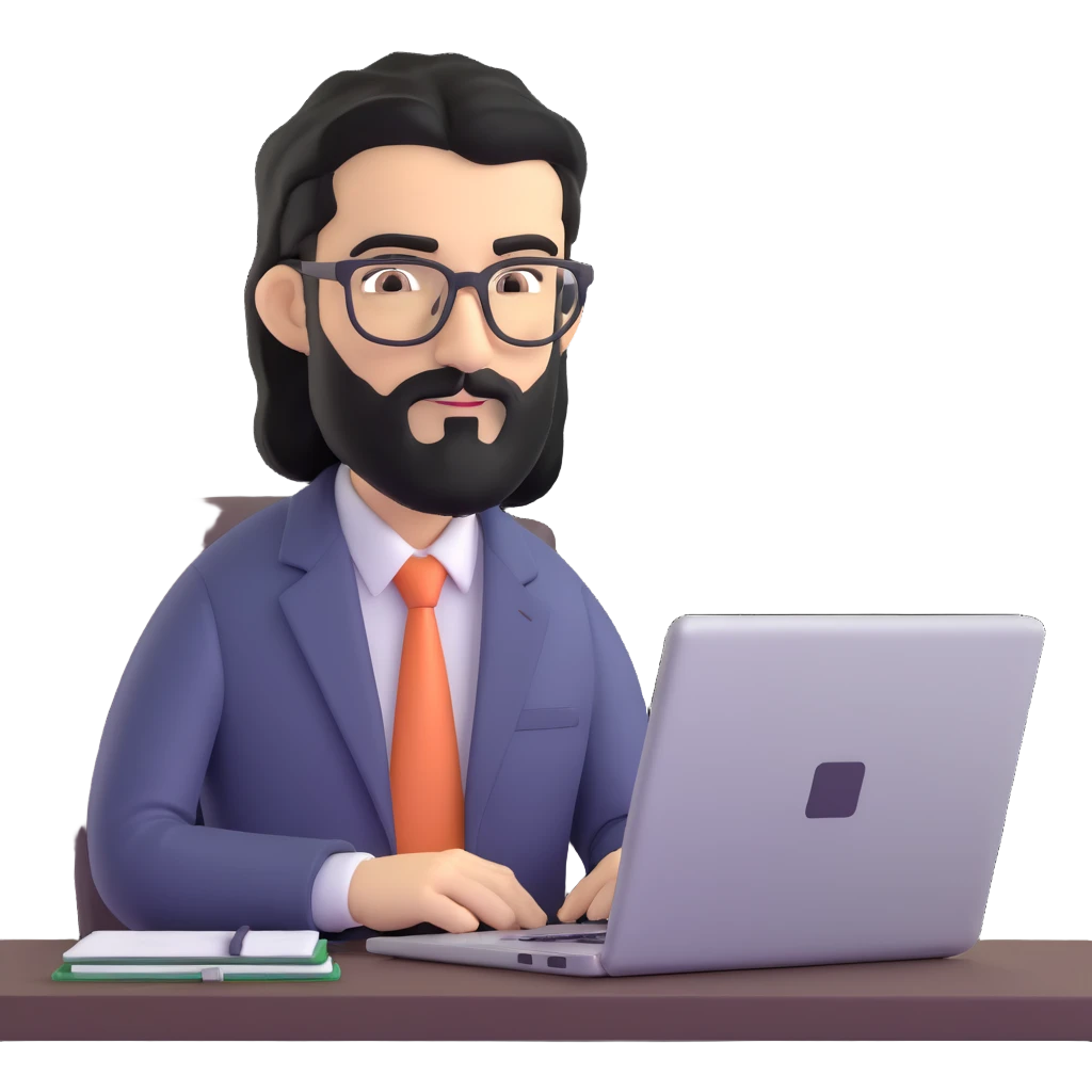 middle eastern businessman with medium length black beard, black hair, thick unibrow, elongated nose, tan skin, brown eyes, glasses, in business casual outfit, working on a notebook computer emoji