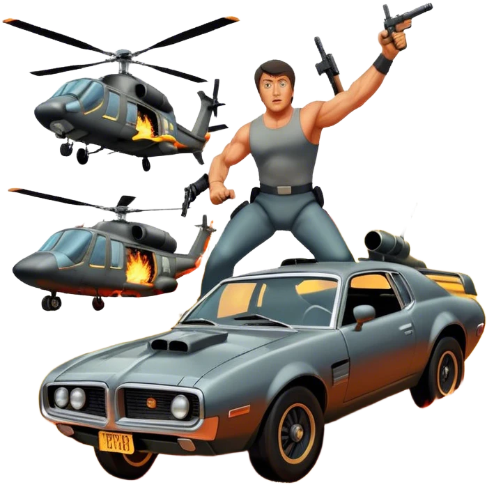 Icon for Action Movie: A vintage movie poster-style design featuring intense action scenes with explosions, weapons, and dramatic poses of Stallone. Include cars and helicopters flying out of flames in the background. Bold typography and retro cinematic style. Transparent background. emoji