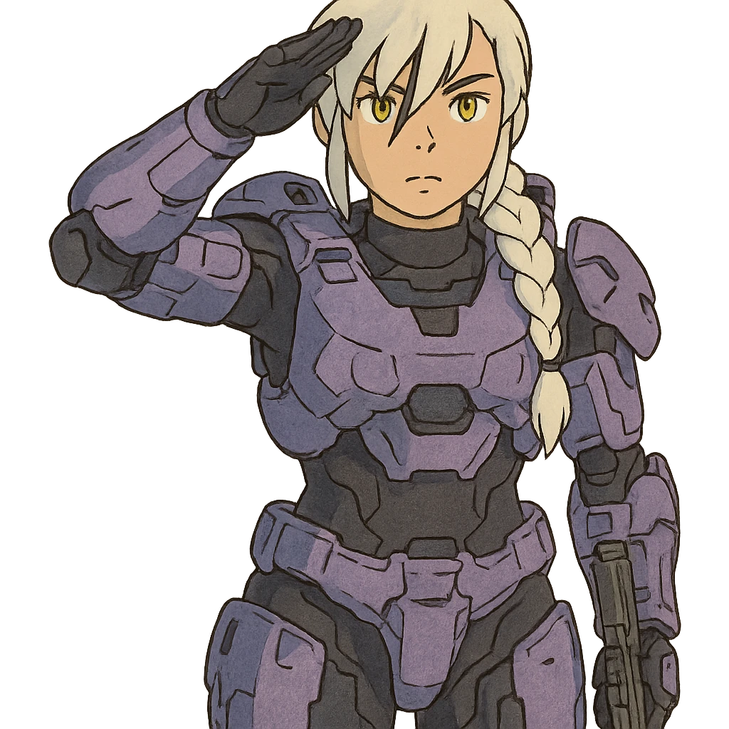 standing salute, weapons-at-arms, female, wearing reach spartan armor shoulder-unequip, long white braid hair with massive messy front side single bangs, gold yellow eyes, attention pose, D-cup size, HALO:series, no helmet, the armor is lavender color scheme, emoji