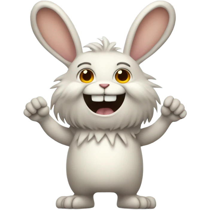 Fluffy standing rabbit with skin colour hands feet and face of a monster with a wide grin across whole face with nine triangle teeth emoji