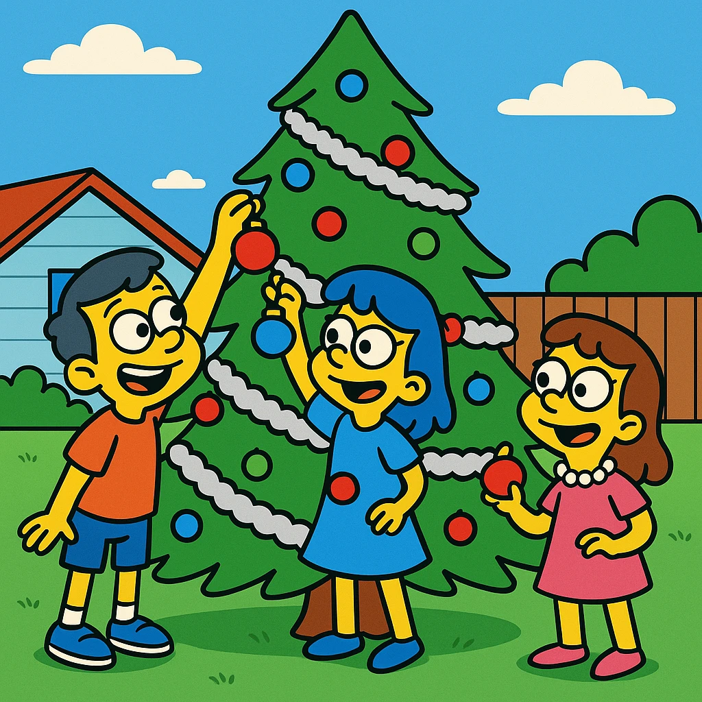 The children covered the tree in tinsel and ornaments. emoji