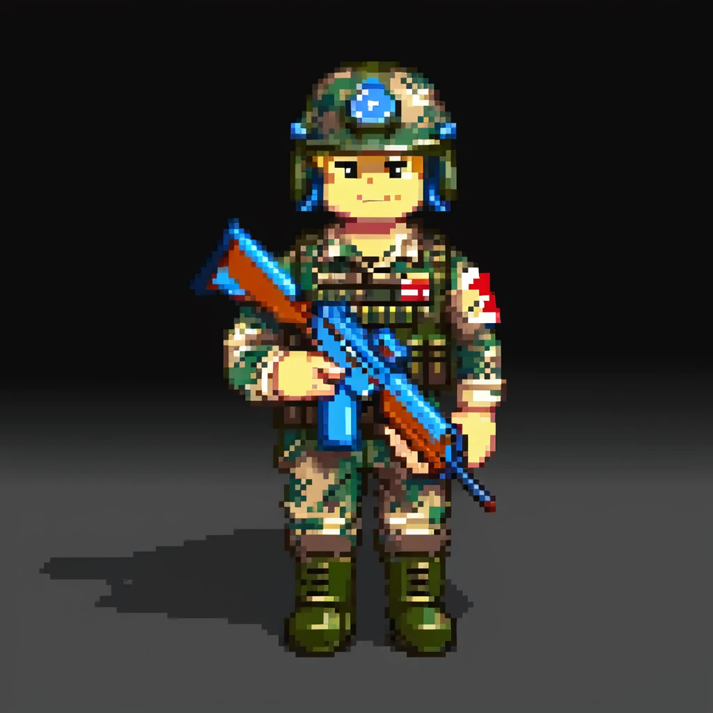 roblox military man, blocky character, wearing camouflage uniform, helmet, and boots, holding a toy rifle, simple background emoji