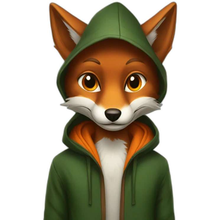 a small dark brown fox with orange eyes with a dark green hood that smile emoji