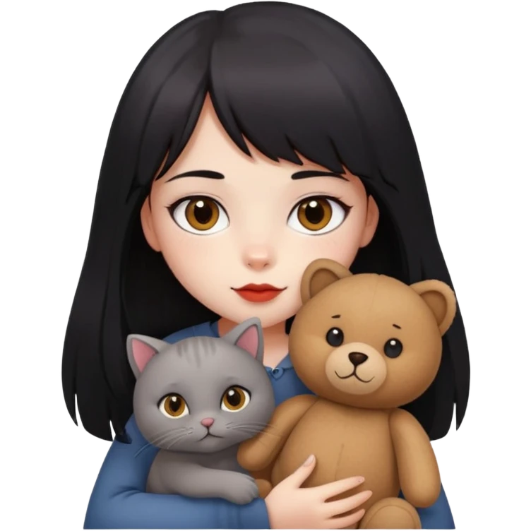 girl,drak eyes, red cheeks, black long hair with a straight bang, white face, holding a British gray cat and a brown teddy bear emoji