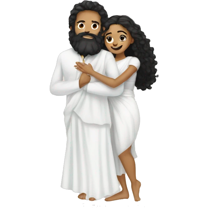 Light skin;Black long hair girl  in a white saree hugging with a man with black beard and curly hair on top emoji