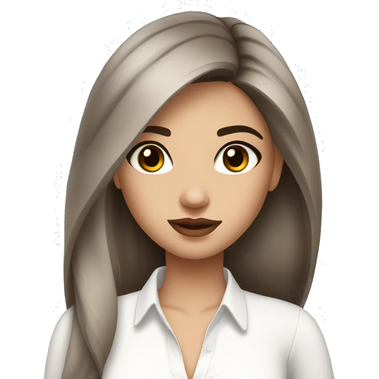 a beautiful brunette with long black eyelashes, straight brown hair, plump lips in a white blouse emoji