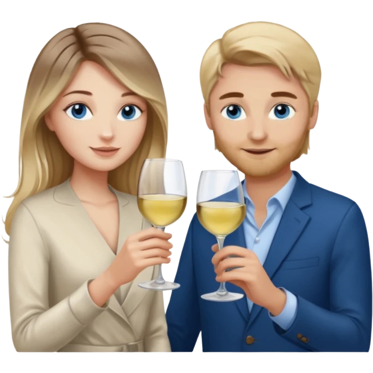 A woman with blue eyes and long balayage brown blond hair and a man with blue eyes and light brown hair, they toast to each other with a glass of white wine.  emoji