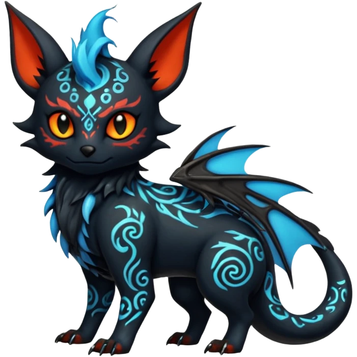 Shiny Fiery Dark Ugly Evil Realistic Glowing Eldritch Horror Cool Edgy Badass Emo Demonic Batty Dusky Ethereal Punky Aural Bioluminescent Hideous Canine-Litten-Amaura-Salandit-Noibat-Flareon-Fakémon-fusion (full body) with intricate pattern markings emoji