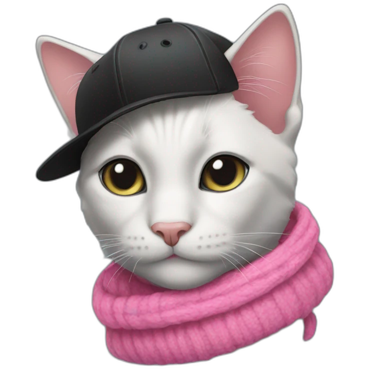black cat with pink baseball cap and black scarf emoji