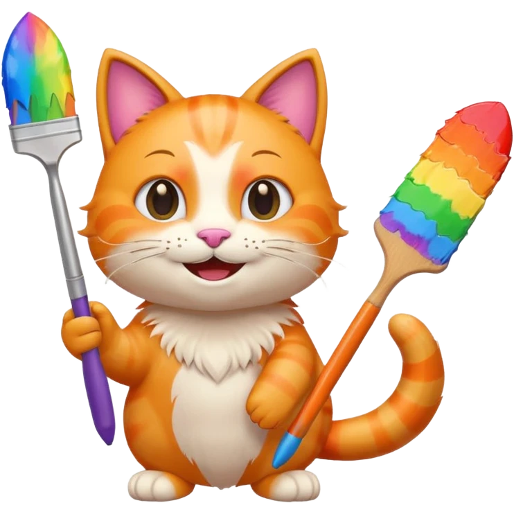 happy cat holding a giant rainbow paintbrush, smiling, emoji style emoji