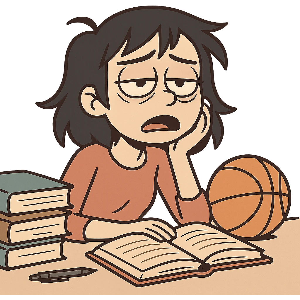 female character with black hair, tired from studying and doing activities, exhausted expression, flat toon style emoji
