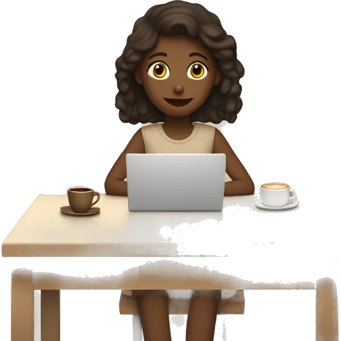 A girl at a table with a laptop. A a cup of coffee on the left side of the table. Books on the right side of the table. in beige tones emoji