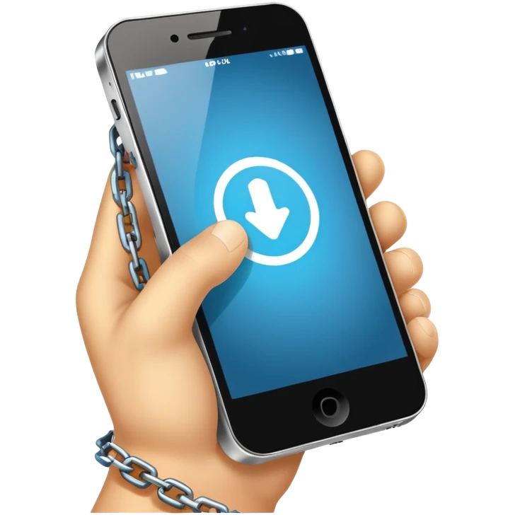 a mobile and hand stick with a chain, as if the hand is chained of mobile addiction  emoji