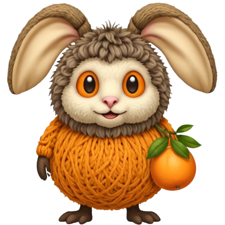 Смешной зверёк, сделанный из шерсти, с большими круглыми глазами, большими мохнаиыми ушами, пузатенький, на кривых волосатых ножках, в волосатых ручках авоська с апельсинами. emoji