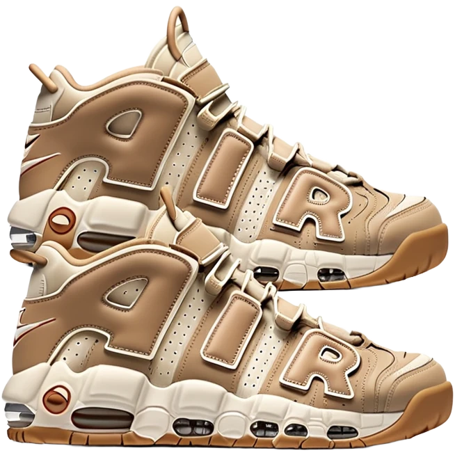 Two beige Nike Air More Uptempo sneakers arranged with one positioned behind the other, simple clean design with minimal details but distinct AIR lettering emoji