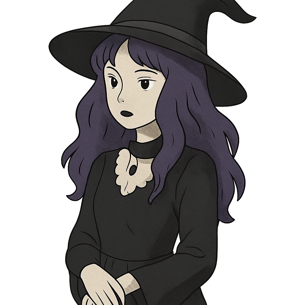gothic woman with purple hair, witchy touch, in ghibli style emoji