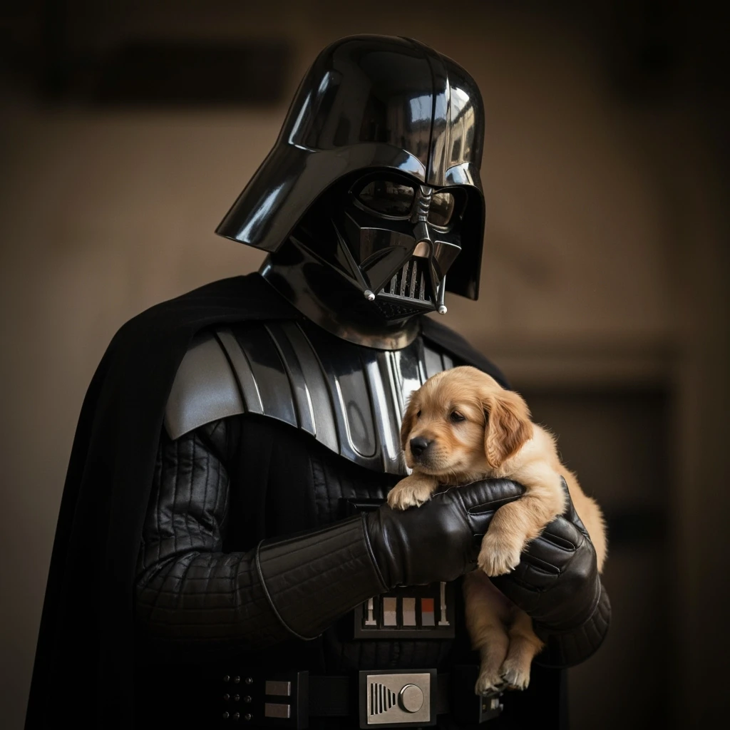 Photo of a darth vader holding puppy golden retriver, low key light emoji