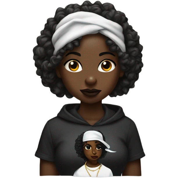 Darkskin girl with curly hair and a tupac shirt emoji