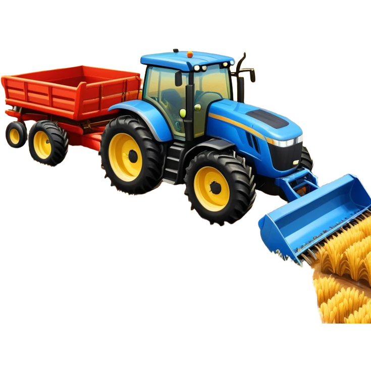 An icon representing a farming simulator, with a detailed tractor, plowing fields under a bright sky with a colorful rural landscape. The design includes farming tools, crops and barns, symbolizing the immersive experience of managing a farm. Transparent background. emoji
