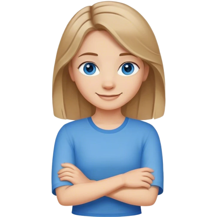 Fille de 3/4 blonde foncé cheveux mis long aux yeux bleus souriante qui croise les bras sûr d'elle emoji