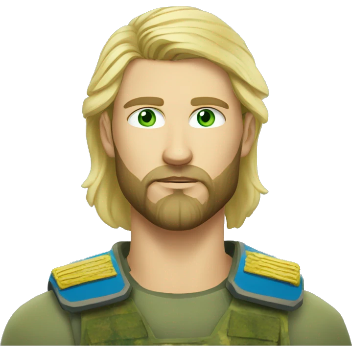 ukrainian military blonde man with a beard with green eyes with blue viking paint on the face  emoji