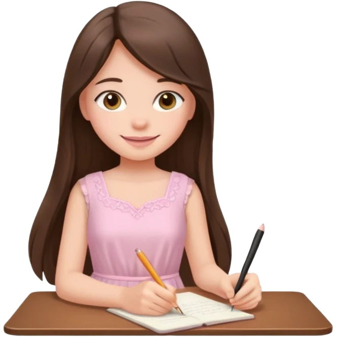 pretty smiling long brunette hair girl with hazel eyes wearing light pink dress writing emoji