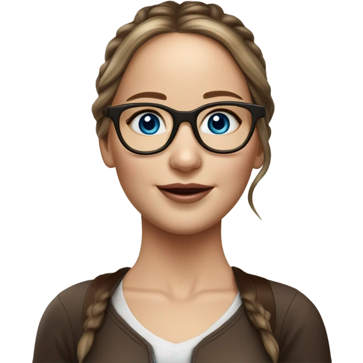 Hyper real Jennifer Lawrence with blue eyes glasses and chocolate hair in ponytail  emoji
