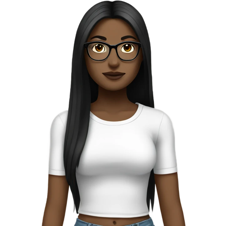 White girl with long straight black hair wearing a white crop top and glasses full body emoji