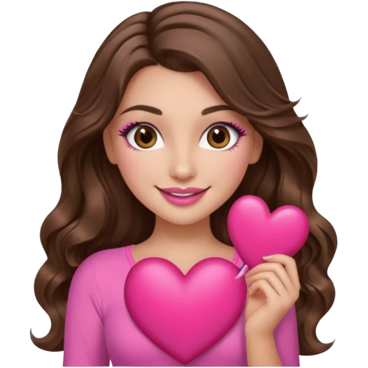 girl with long wavy brown hair, brown eyes, long lashes makeup, sexy pink lips, light to medium complexion, wearing a pink sexy top, smiling, holding a big heart emoji