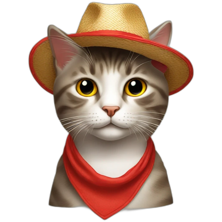 a cat with a red straw hat and a red bandana emoji