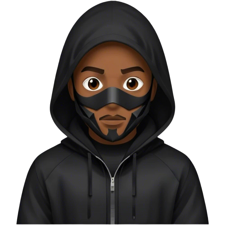 man with black hooded jacket and a only-black full-face geometric mask emoji