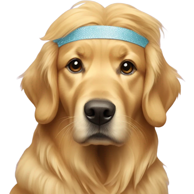 Golden Retriever wearing a 2025 headband emoji