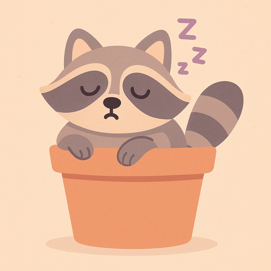 Sleepy raccoon inside a flower pot, pastel earthy colors, soft pastel colors, high-quality design, pastel-toon style emoji