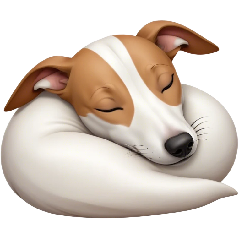 Meme-Worthy Cute Sleeping White and Brown Greyhound Portrait Emoji, Head resting peacefully with a contented smile, showcasing a lean, graceful build and a luxuriously smooth Fur of white with brown accents, eyes shut in a serene nap, Simplified yet hilariously adorable features, highly detailed, glowing with a soft, drowsy light, high shine, relaxed and utterly lovable, stylized with an air of playful laziness, bright and heartwarming, soft glowing outline, capturing the essence of a comically sleepy racer, so meme-worthy it feels like it could instantly become the next viral sensation of adorable slumber! emoji