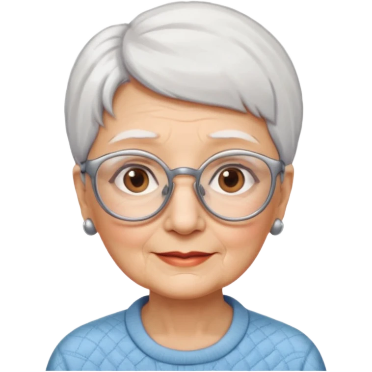 Create me emoji of an old lady. Short white hair to left side. Square glasses. Brown eyes. Rounded bigger face. Wide nose emoji