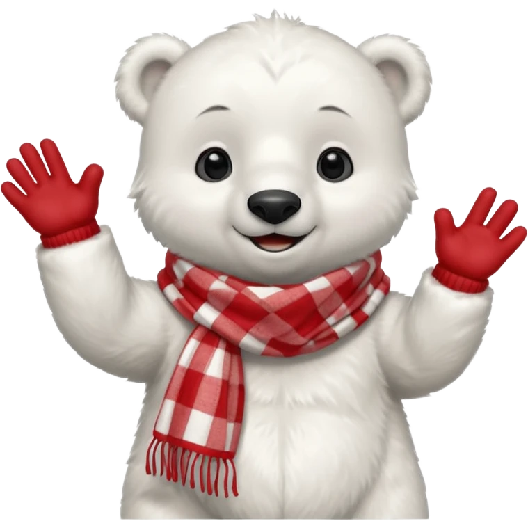 baby Polar Bear, smiling, hi five, wearing red Checkered Triangle scarf emoji