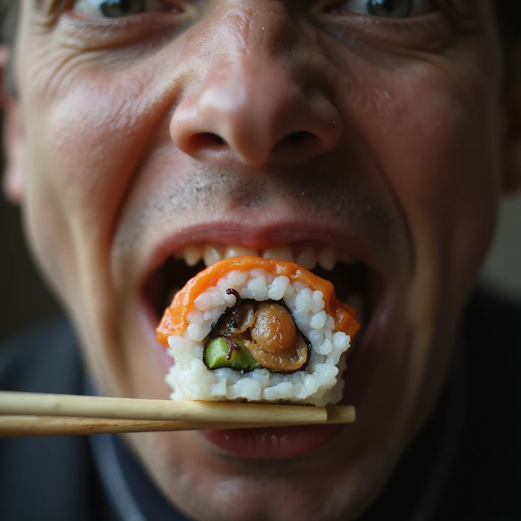 close-up of a man about to eat a piece of sushi with chopsticks, clearly showing parasites inside the sushi, disgusted or shocked expression, hyperrealistic, 4K details emoji