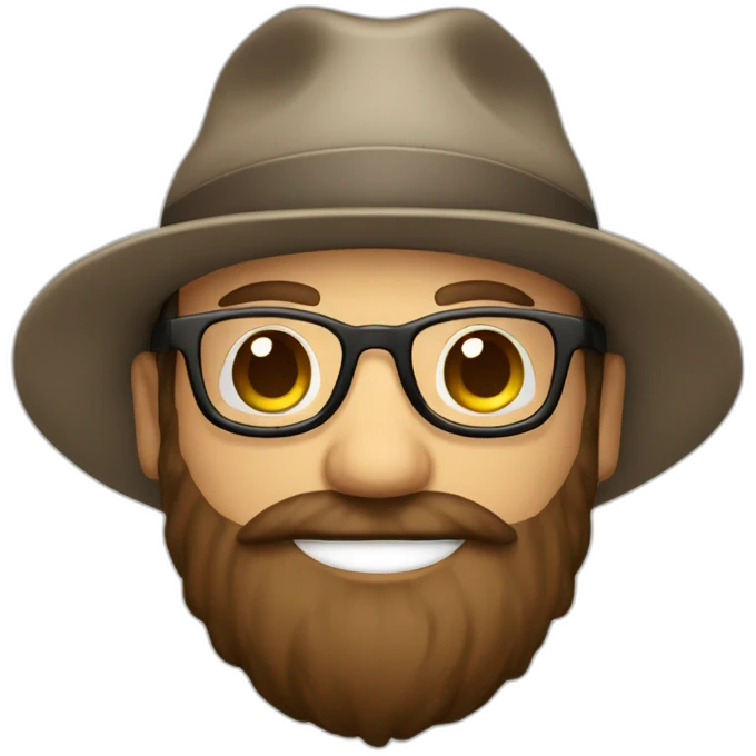 happy smile gardener face long dark beard and bald dark hair round glasses brown eyes and a hat emoji